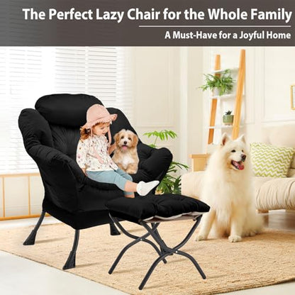 Youtanic Lazy Chair with Folding Ottoman, Accent Chair Velvet Upholstered with Metal Structure and Non-Slip Pads, Sofa Armchair with Footrest and Side Storage Bag for Dorm, Room, Office, Black - color: Black-f