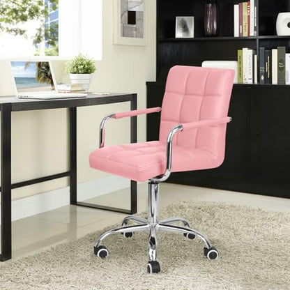 JUMMICO Modern Office & Vanity Desk Chair - Mid-Back Rolling Chair with Wheels, PU Leather, Cute for Office, Teen & Bedroom Desks (Pink) - color: Pink