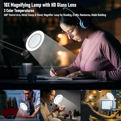 10X Magnifying Lamp with Light, HD Optical Glass Lens LED Desk Lamp, 3 Color Temperatures 6000K-3000K, 360° Adjustable Arm with Clamp & Stand, for Model Building, Soldering, Crafts, Reading, Manicure