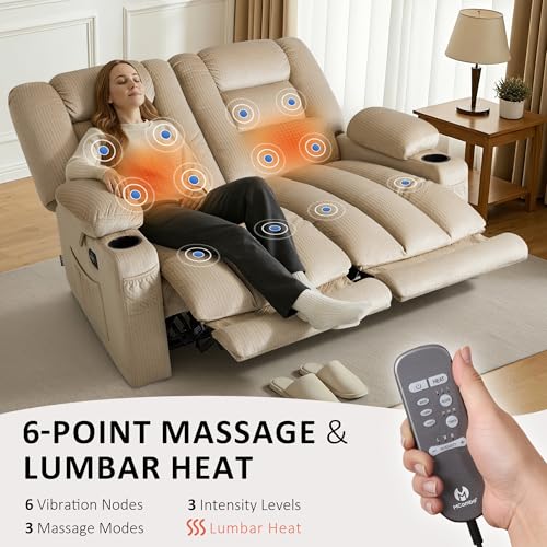 MCombo 56 in Reclining Loveseat Recliner with Heat & Massage PR648 (Beige) | 155° Zero Gravity, Dual Charging Ports, Cup Holders, FSC & OEKO Certified - color: Beige, size: Loveseat Recliner with Zero Gravity