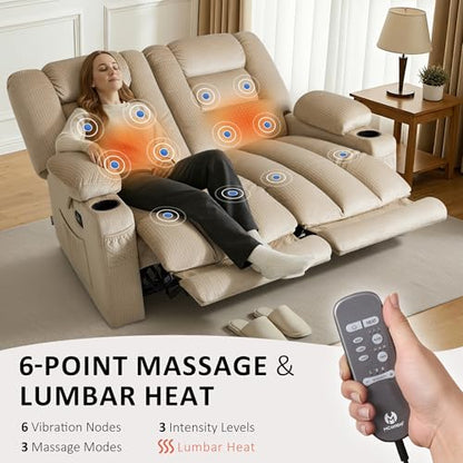 MCombo 56 in Reclining Loveseat Recliner with Heat & Massage PR648 (Beige) | 155° Zero Gravity, Dual Charging Ports, Cup Holders, FSC & OEKO Certified - color: Beige, size: Loveseat Recliner with Zero Gravity