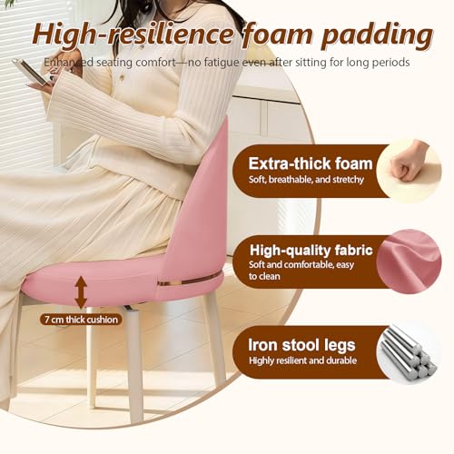JPBSTO Swivel Vanity Chair No Wheels, Armless Desk Chair with Metal Legs, Accent Dining Chair with Ergonomic Backrest for Bedroom, Office, Dining Room, Pink - color: Pink, size: Set of 1