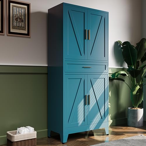 71"H Metal Kitchen Pantry Cabinet with Drawers,Blue Kitchen Storage Cabinets with Doors,Farmhouse Pantry Food Storage Cabinets,Tall Pantry Cabinets,Large Freestanding Cabinets for Dining Room - color: Blue, size: 71"H-1Drawer-4Doors