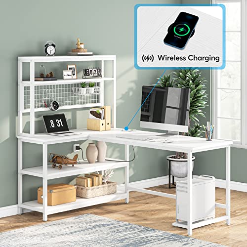 Tribesigns 55" Computer Desk Large Office Desk Study Table (All White) | L-Shaped Writing Desk Workstation with Hutch, Wireless Charging, Open Storage Shelves, and Movable CPU Stand for Home Office - color: All White