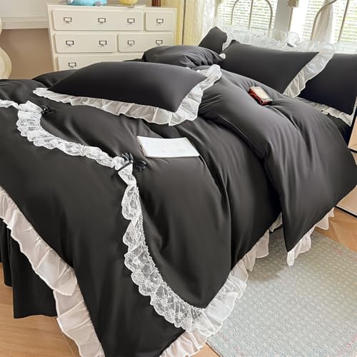 MOOWOO Lace Ruffled Bedding Setwith Cute Bowtie-3PC(1 Full Duvet Cover 80x90 Inch, 2 Pillowcases) Aesthetic, Black Goth Bedding for All Season - color: Black, size: Full