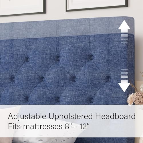 HOMBCK Full Bed Frame with Headboard, Linen Fabric Upholstered Bed Frame Full, Blue Bed Frame with Wood Slats, Button Tufted, No Box Spring Needed, Blue - color: Blue, size: Full
