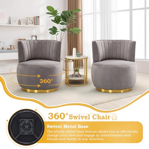 SLEERWAY 360° Swivel Barrel Chair Set of 2, Modern Velvet Round Accent Chair, Comfy Upholstered Small Armchair with Gold Metal Base for Living Room Bedroom Nursery Office Sillas para Sala, Gray - color: Grey, size: 25.2" W