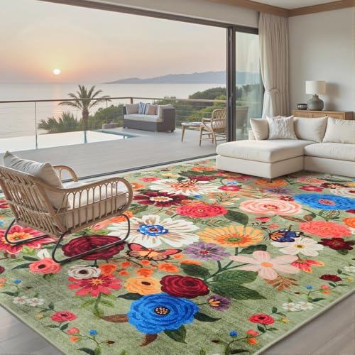 Floral Large Area Rug 10x14 for Living Room Bedroom | Low Pile; Non Slip; Lightweight; MachineMachine Washable; Ideal for Dining Room, Home Office - color: Green, size: 10' x 14' (Rectangular)