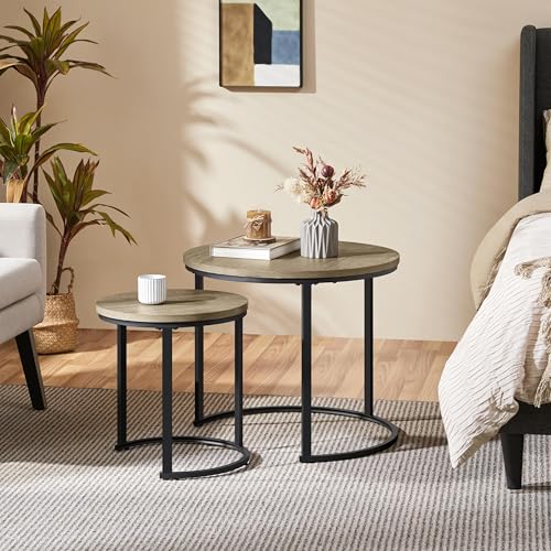 Yaheetech Round Nesting Coffee & Side Table Set of 2 for Living Room, Gray | Space-Saving Nesting Design, Engineered Wood Tops on Black Metal Frames, Use Apart as End Tables, Easy Assembly, 99 lb Max - color: Grey