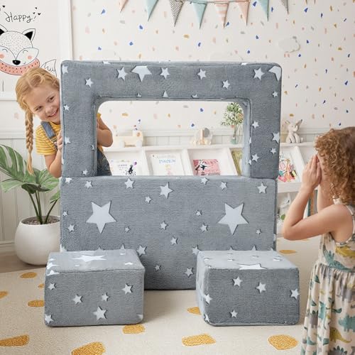 MeMoreCool Glow in Dark Star Kids Couch, Fold Out Foam Play Sofa, Grey | Glow in dark star kids couch, grey foam sofa folds out for playroom fort building play - color: Stars