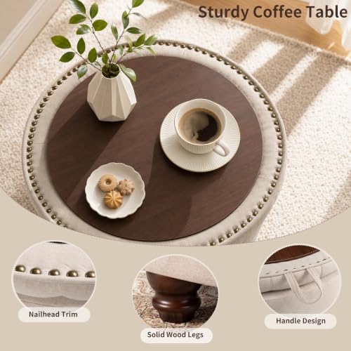30" Round Storage Ottoman Coffee Table, Tufted Lid & Wood Top, Khaki | Nailhead Trim Solid Wood Legs Extra Large Footrest Linen-Like Fabric - color: Khaki