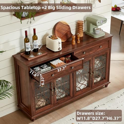 Joaxswe Farmhouse Sideboard Buffet Cabinet with Storage,59" Large Credenza with 4 Glass Doors & 2 Drawers,Adjustable Shelves Console Table,Wood Kitchen Coffee Bar for Dining Room,Living Room,Brown