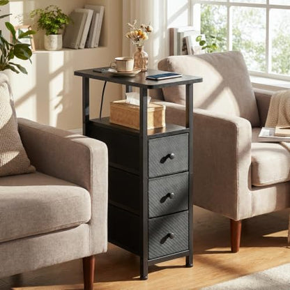 Narrow End Table with Charging Station, Small Nightstand | Skinny Side Tables Living Room with 3 Fabric Drawers, Slim Bedside Table for Bedroom, Small Spaces, Couch, Black - color: Black, size: 27.55''H (3 Drawers), style: Power