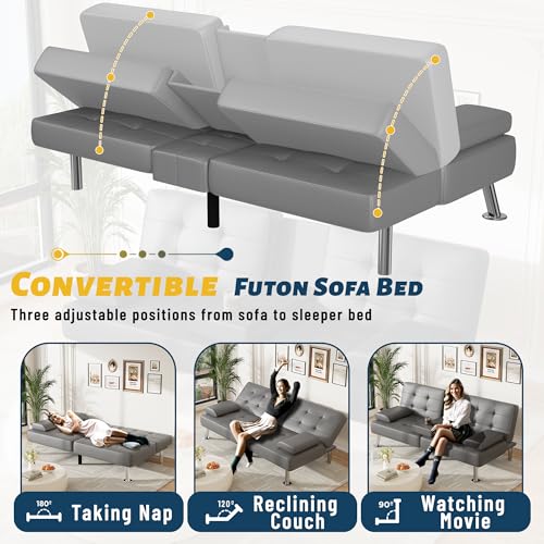 Furmax Leather Futon Sofa Bed, Adjustable Futon Couch for Living Room | Sleeper Sofa Bed with 2 Cup Holders, Reclining Futon Loveseat for Apartment, Business Office & Small Spaces | Gray - color: Grey