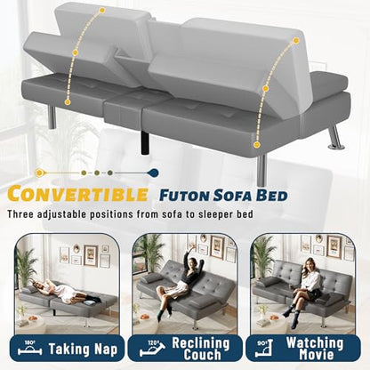 Furmax Leather Futon Sofa Bed, Adjustable Futon Couch for Living Room | Sleeper Sofa Bed with 2 Cup Holders, Reclining Futon Loveseat for Apartment, Business Office & Small Spaces | Gray - color: Grey
