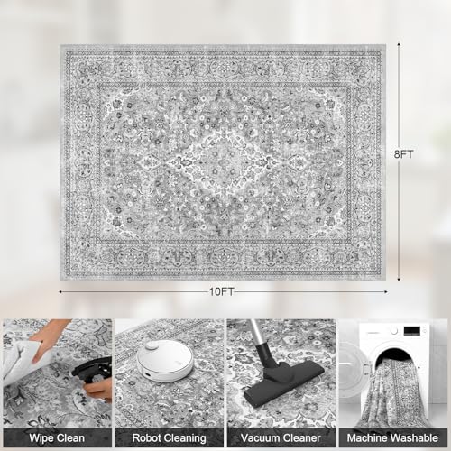 Grey Washable Vintage Non Slip Area Rug, 8x10 Boho Floral Living Room Rugs, Soft Low Pile Indoor Mat, Aesthetic Pattern Carpet for Bedroom Kitchen and Dining Room - color: Grey, size: 8' x 10' (Rectangular)
