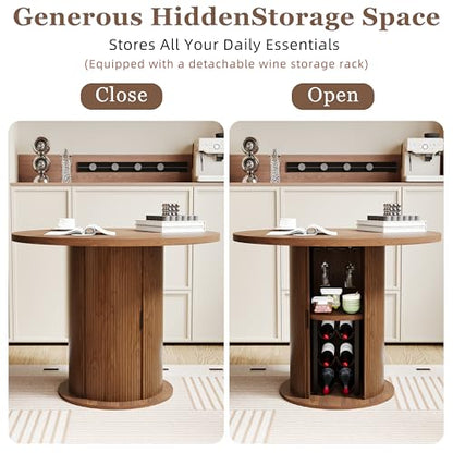 Wildhome Round Dining Table for 2-3, 31 Inch Dining Room Kitchen Table with 2-Tier Storage Shelf & Wine Rack, Modern Farmhouse Fluted Wood Slide Door Dinner Furniture,Circle(Non scalable-32 in) - color: Non-scalable-32 Inch-walnut