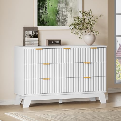 BORNOON Fluted 7 Drawer Dresser, 47.2" Wide Modern Boho Chest of Drawers, Wooden Storage Dresser TV Stand for Bedroom, Living Room, Closet, Hallway, Curved Profile Design - color: Pure White, size: 7-Drawer