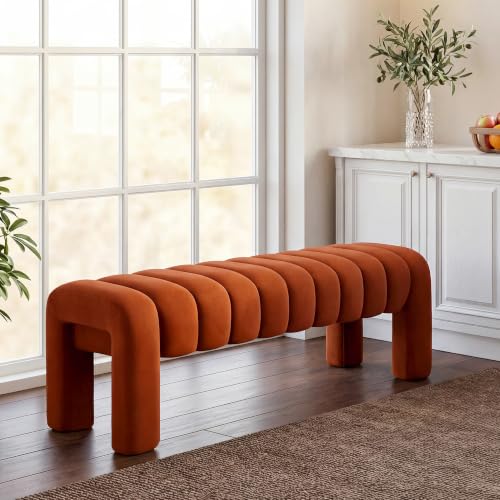 43.3" Bedroom Bench, Upholstered Entryway Bench, Modern End of Bed Ottoman with Solid Wood Legs and Adjustable Foot Pegs for Entryway, Dining Room and Living Room (Rust Velvet) - color: Rust Velvet, size: 43.3"
