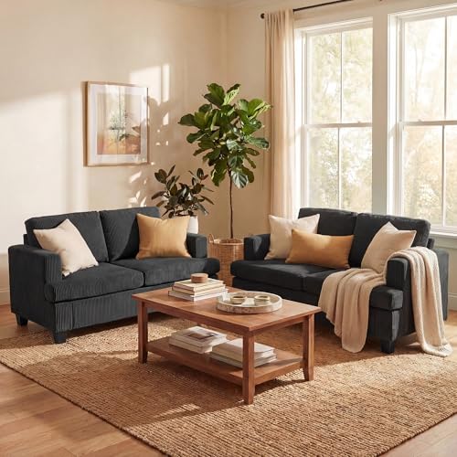 YOUDENOVA 2 Piece Set Comfy Sofa Couch, Loveseat Sofa * 2 with Deep Seats, Modern Sleeper Couch for Living Room, Black Corduroy - color: Black Corduroy, size: Loveseat*2