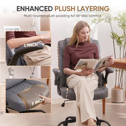 Home Leather Office Chair with Lumbar Support, 5" Padded Seat, Small Rocking Desk Chair, Comfy Computer Chairs with Rolling Wheels & Adjustable Arms for Adults, Grey - color: Grey