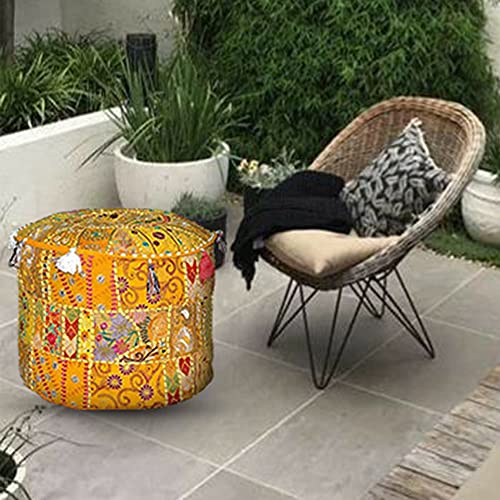 Indian Pouf Footstool, Ethnic Embroidered Pouf Cover - Cotton Round Ottoman - Yellow, 18x13 - color: Yellow, size: 13"D x 13"W x 18"H
