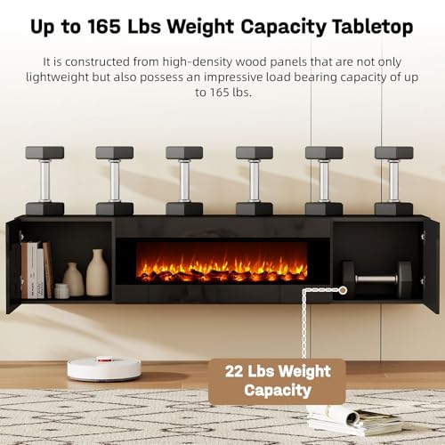 70" Wall Mounted Floating TV Stand with 36" Electric Fireplace, High Gloss Floating Entertainment Center TV Shelf for TVs Up to 80", Black Fireplace Media Console Table Floating TV Cabinet Living Room - color: Black, size: 70"-with fireplace