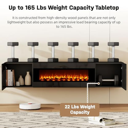 70" Wall Mounted Floating TV Stand with 36" Electric Fireplace, High Gloss Floating Entertainment Center TV Shelf for TVs Up to 80", Black Fireplace Media Console Table Floating TV Cabinet Living Room - color: Black, size: 70"-with fireplace