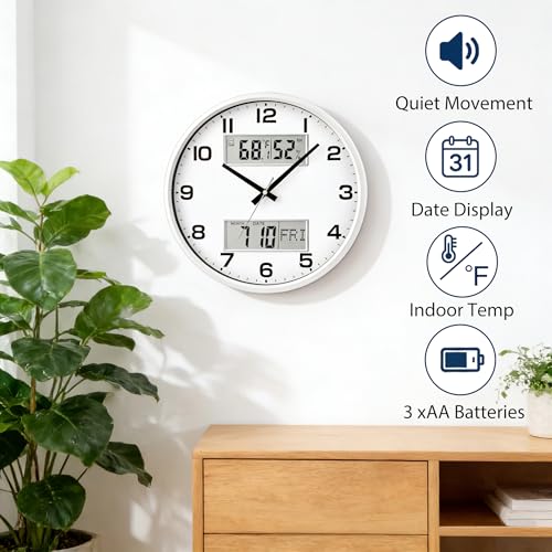 13" White Battery Powered Silent Wall Clock with Calendar Temperature and Humidity H-7326 - color: White