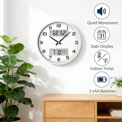 13" White Battery Powered Silent Wall Clock with Calendar Temperature and Humidity H-7326 - color: White