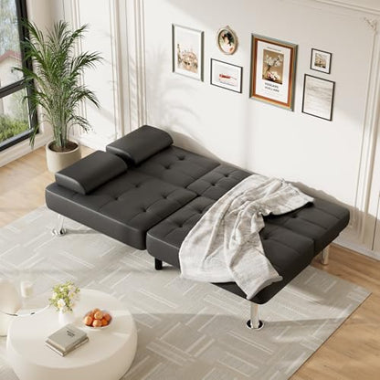 Furmax Leather Futon Sofa Bed, Adjustable Futon Couch for Living Room | Sleeper Sofa Bed with 2 Cup Holders, Reclining Futon Loveseat for Apartment, Business Office & Small Spaces | Black - color: Black