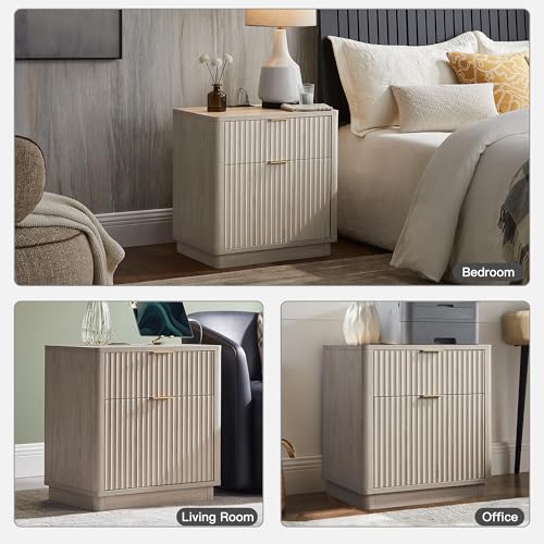 T4TREAM 23'' Fluted Nightstand with Charging Station, Modern, White Alder | Large 2 Drawer, Curved Profile, Mid-Century, Bedside Table with Storage, End Table for Living Room, Bedroom, Side Table - color: White Alder