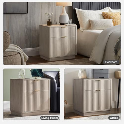 T4TREAM 23'' Fluted Nightstand with Charging Station, Modern, White Alder | Large 2 Drawer, Curved Profile, Mid-Century, Bedside Table with Storage, End Table for Living Room, Bedroom, Side Table - color: White Alder
