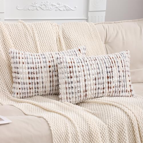 LUOYEHK Boho Throw Pillow Covers 12x20 Inch Set of 2 Farmhouse Neutral Pillow Covers Chenille Tufted Pillowcase for Couch Sofa Bed Living Room, Brown White - color: Brown White, size: 20" x 12" (Pack of 2)
