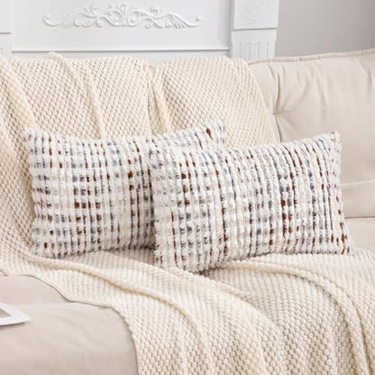 LUOYEHK Boho Throw Pillow Covers 12x20 Inch Set of 2 Farmhouse Neutral Pillow Covers Chenille Tufted Pillowcase for Couch Sofa Bed Living Room, Brown White - color: Brown White, size: 20" x 12" (Pack of 2)