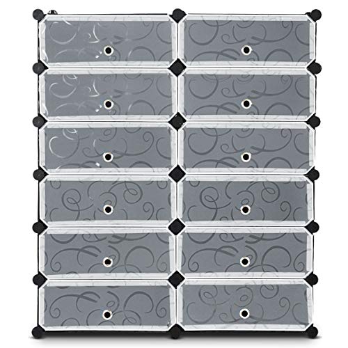 HAPPYGRILL Shoe Rack Organizer, 12-Cube Modular Plastic Shoes Storage Cabinet with 6-Tier Shoe Shelves & Transparent Doors, DIY Design, Freestanding Shoe Cabinet for 24 Pairs Shoes (Black) - color: Black