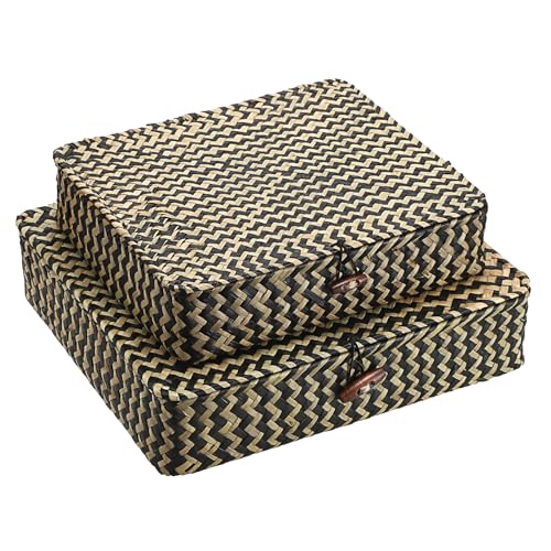 Hipiwe 2Pcs Flat Wicker Woven Basket with Lid Natural Seagrass Storage Box | Shelf Baskets Bin for Home Decor, Multipurpose Household Basket Organizer, Set of 2, Blacks Strips - color: Black