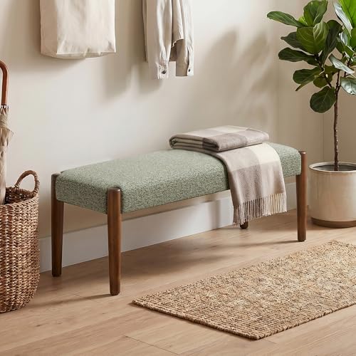 Usaint 42" End of Bed Bench with Wood Legs, Green with Walnut Leg | Modern Upholstered Bedroom Bench with Rubberwood Legs, Entryway Bench with Cushion, Dining Bench for Living Room, Bedroom - color: Green With Walnut Leg