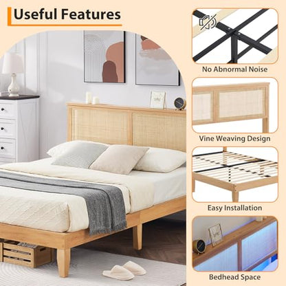 GarveeHome Rattan Bed Frame Full, Full Size Boho Bed Frame with Natural Rattan Headboard, Full Size Bed with Led Lights, Wooden Support Legs and Slats, Noise-Free, No Box Spring Needed - size: Full