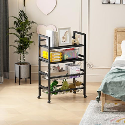 4-Tier Rolling Metal Storage Cart Mobile Organizer with Removable Grid Basket and Locking Wheels, Suitable for Multiple Uses, Black (Large) - size: 23.6 in