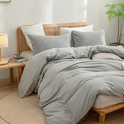 BESTOUCH Cotton Solid Duvet Cover Set Linen Feel Light Grey Oversized King | 100% Washed Cotton, Soft Wrinkle Texture, Hidden Zipper, 8 Ties, Breathable Lightweight Durable Comfy, 3 Pcs No Insert - color: Light Grey (No Comforter), size: Oversized King (1