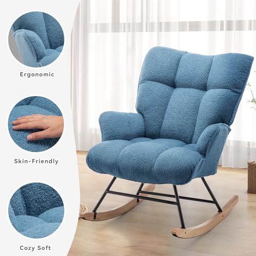 Rocking Chair Nursery Teddy Upholstered Glider Rocker Rocking Accent Chair Padded Seat with High Backrest Armchair Comfy Side Chair for Living Room Bedroom Offices (LightBlue Teddy) - color: Paleblue