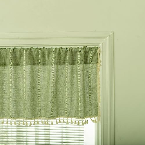 Deeprove Sage Green Boho Curtain Tassel Valance for Cafe Kitchen Closet Garden Decor, Bohemian Farmhouse Cream Cotton Linen Short Panel French Country Window Treatments Tier Panel, W52 x L18, 1 Piece - color: Sage Green, size: 52"W x 18"L (Pack of 1)