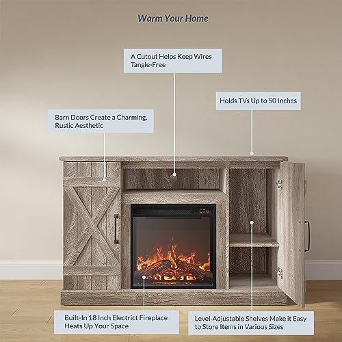 BELLEZE 47" TV Stand with 18" Electric Fireplace Heater & Media Entertainment Center Console Table for TV up to 50" with Open Storage Shelves & Cabinets - Veropeso (Ashland Pine) - color: Ashland Pine, style: 47" TV Stand/W 18" Fireplace