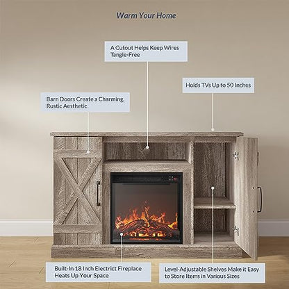 BELLEZE 47" TV Stand with 18" Electric Fireplace Heater & Media Entertainment Center Console Table for TV up to 50" with Open Storage Shelves & Cabinets - Veropeso (Ashland Pine) - color: Ashland Pine, style: 47" TV Stand/W 18" Fireplace
