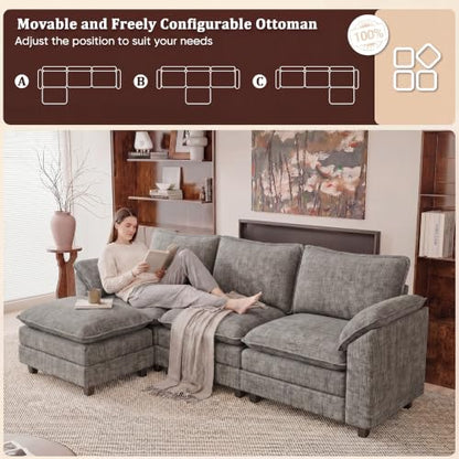 JUMMICO 118.9" L Shaped Sectional Couch, Modular Cloud Sofa, Light Grey | Comfy Chenille, Movable Ottoman, Deep Seat, Double Layer Cushion, 3 Seat, High-Density Foam, for Living Room - color: Light Grey, size: L Shaped Sofa