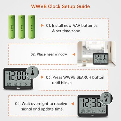 Self-Setting Atomic Digital Wall Clock with Auto DST | Battery Operated, Large Display with Temperature, Date and Day, 4 Time Zones, Wall Mount/Desktop Clock for Classroom, Office - size: Medium