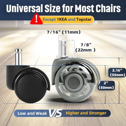 Office Chair Wheels 2" Desk Chair Caster Wheels Smooth Roller Style Quiet for Carpet and Hardwood Floors Universal Fit 11x22 mm Set of 5 Light Grey - color: Light Grey-2 Inch