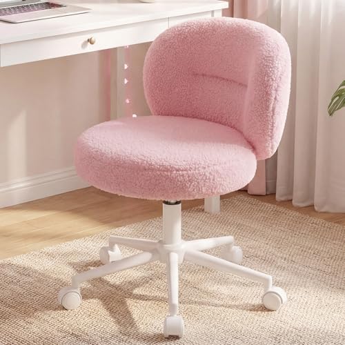 Homkdom Round Vanity Chair with Silent Wheels, 17.32" Wide Seat | Height Adjustable, 360 Swivel & Smooth Rolling, Armless Design for Makeup and Study - Pink - color: Pink