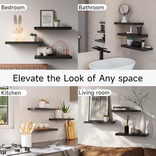 BAYKA Floating Shelves for Wall, Wall Mounted Rustic Wood Shelves for Bathroom, Bedroom, Living Room, Kitchen, Hanging Shelf for Books/Storage/Room Decor with 22lbs Capacity (Black, Set of 3, 15.7in) | Easy Install, Space Saving, Hidden Bracket, Wall Shel
